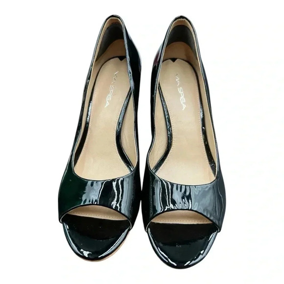 Black Patent Leather Peep Toe Heels - Picture 2 of 8